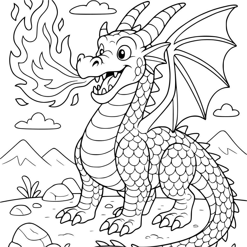 A magnificent friendly fantasy dragon breathing a large stream of fire from its 
