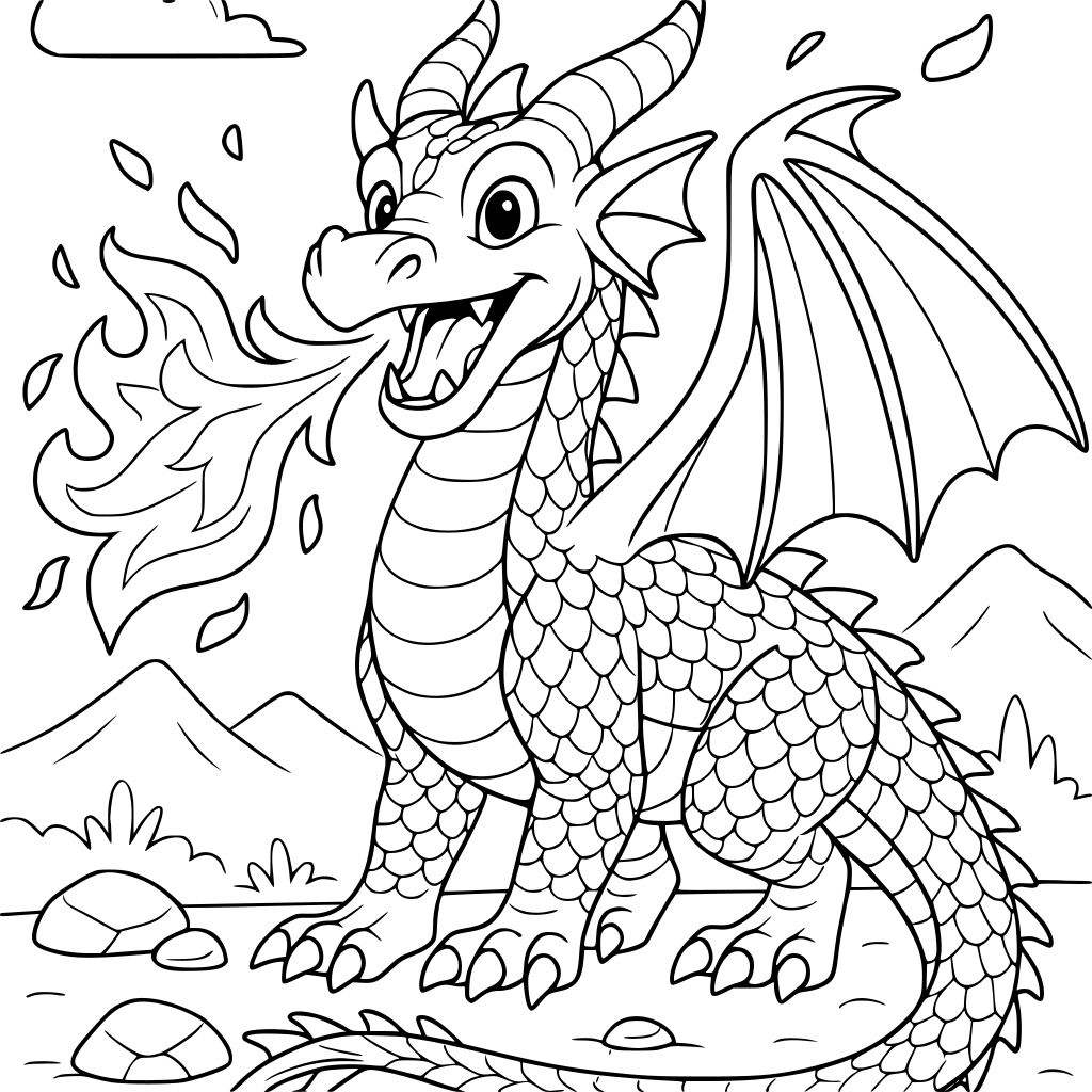 A magnificent friendly fantasy dragon breathing a large stream of fire from its 