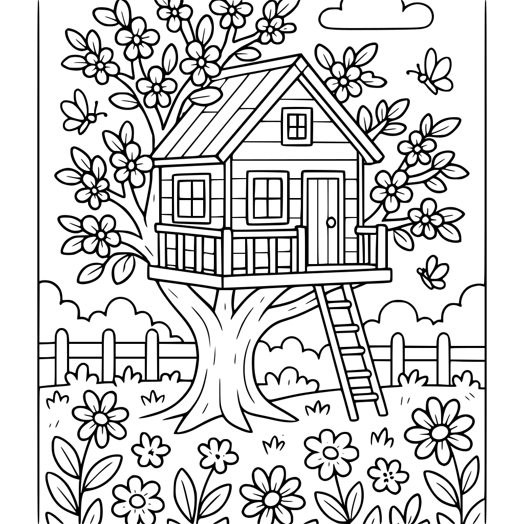 A cozy treehouse in a spring garden, printable coloring page, clean black outlin