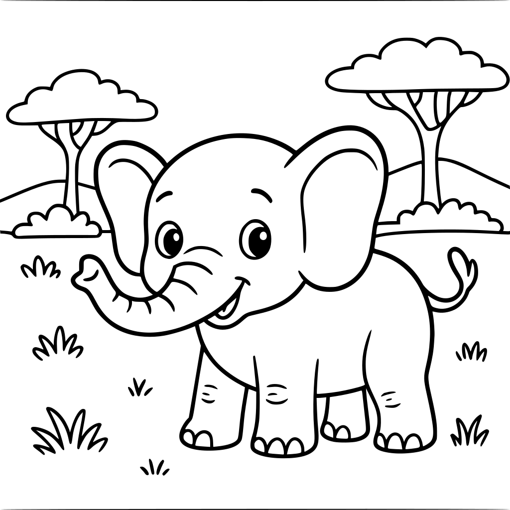 Create a 30-page children’s coloring book about cute African animals. Use simple