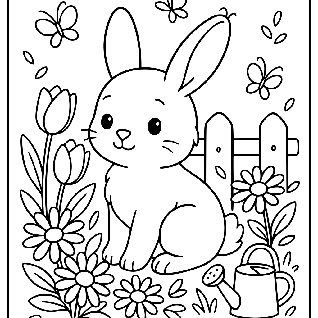 Create one original A4 portrait coloring-book page featuring a cute little bunny