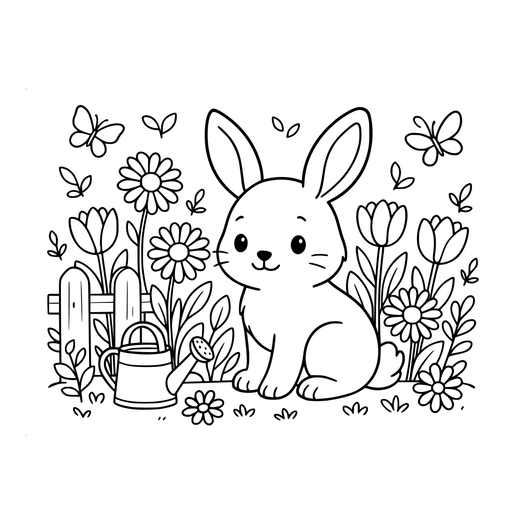 Create one original A4 portrait coloring-book page featuring a cute little bunny