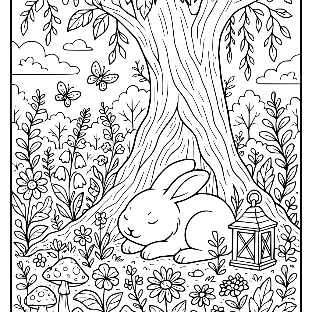 Create a professional A4 portrait printable coloring book page. Scene: A peacefu