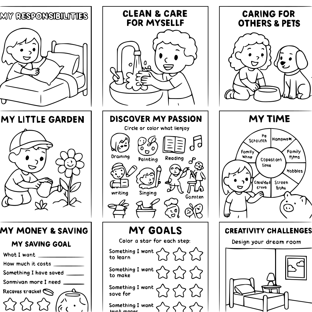 Create a complete children’s coloring and activity book that teaches kids practi