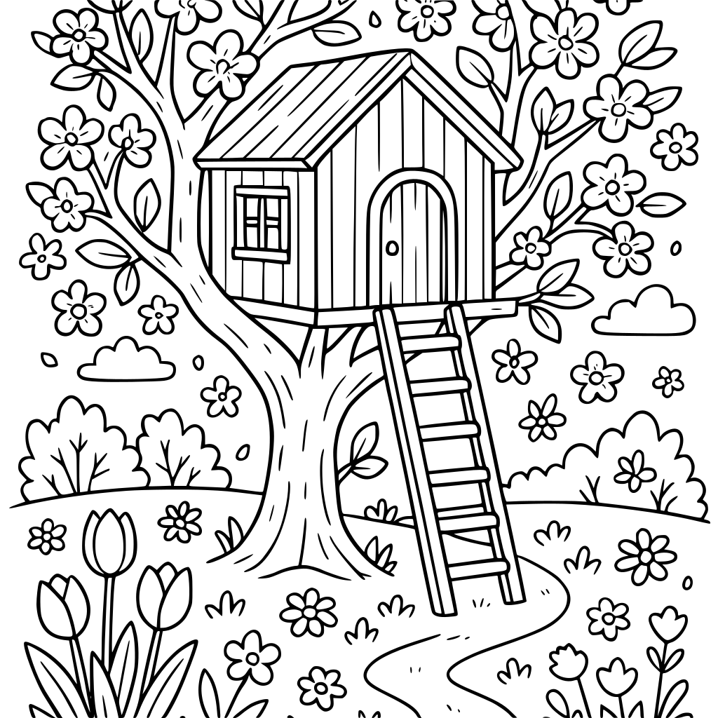 A cozy treehouse in a spring garden, printable coloring page, clean black outlin