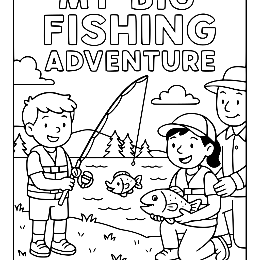 Create a 40-page children's fishing coloring and activity book titled "My Big Fi