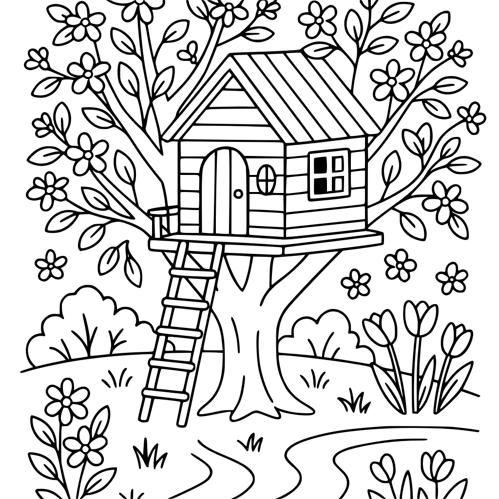 A cozy treehouse in a spring garden, printable coloring page, clean black outlin
