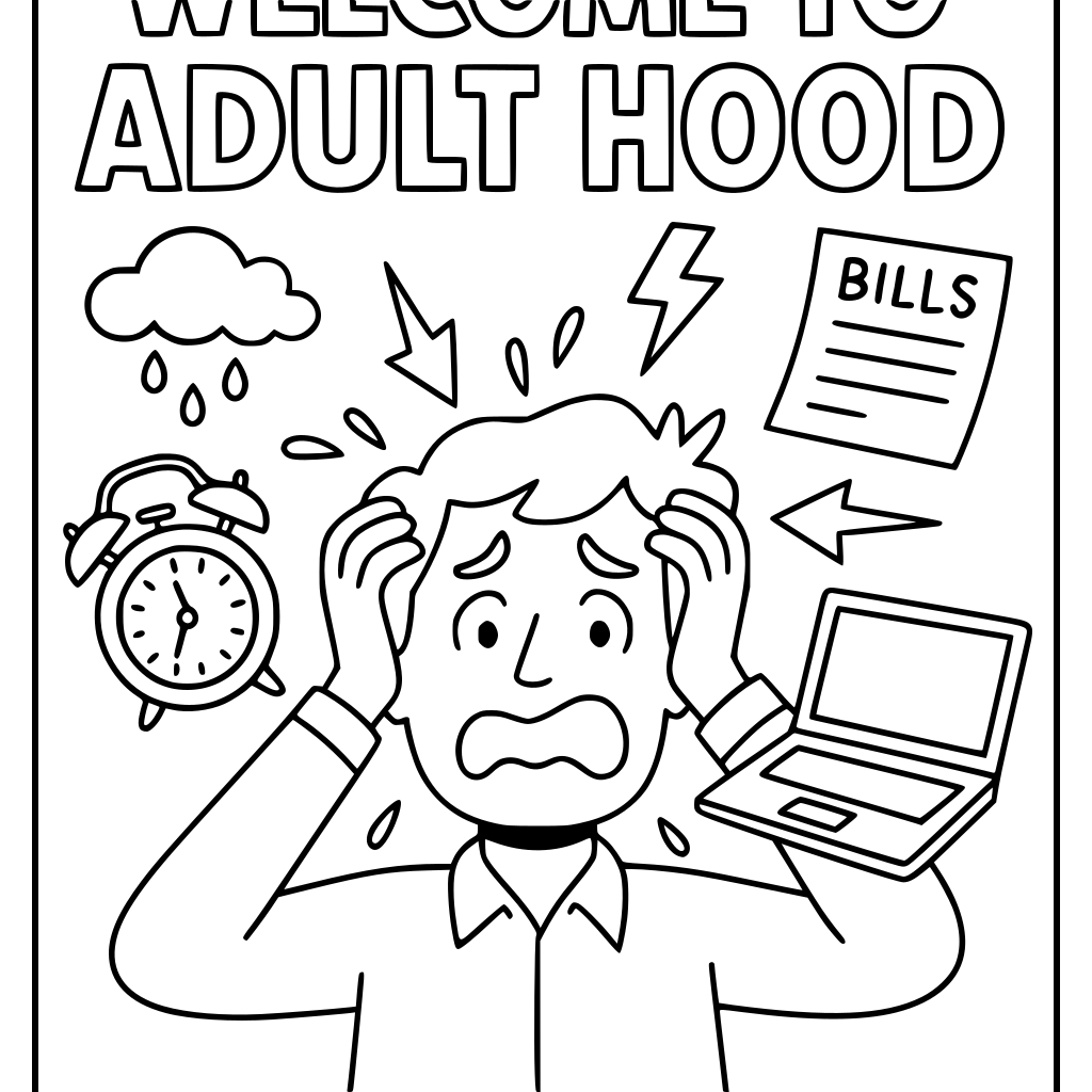 Make 10 pages of adults stressing over job or casual things, but make it look fu
