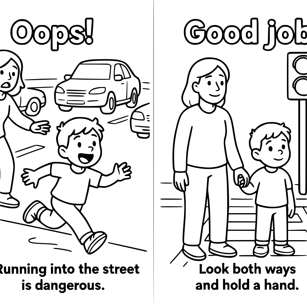 Left page — "Oops!" A child runs across the street without looking. Cars are nea