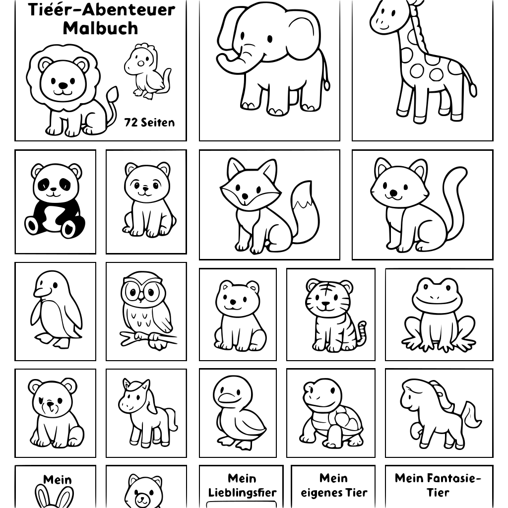 Create a 72-page children's coloring book called “PaintPlay – Tier-Abenteuer Mal
