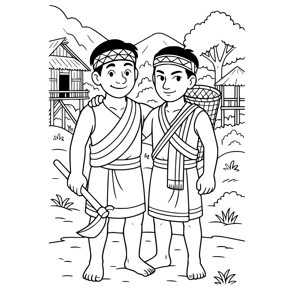 The Two Brothers Prompt: Black-and-white coloring book illustration showing two 