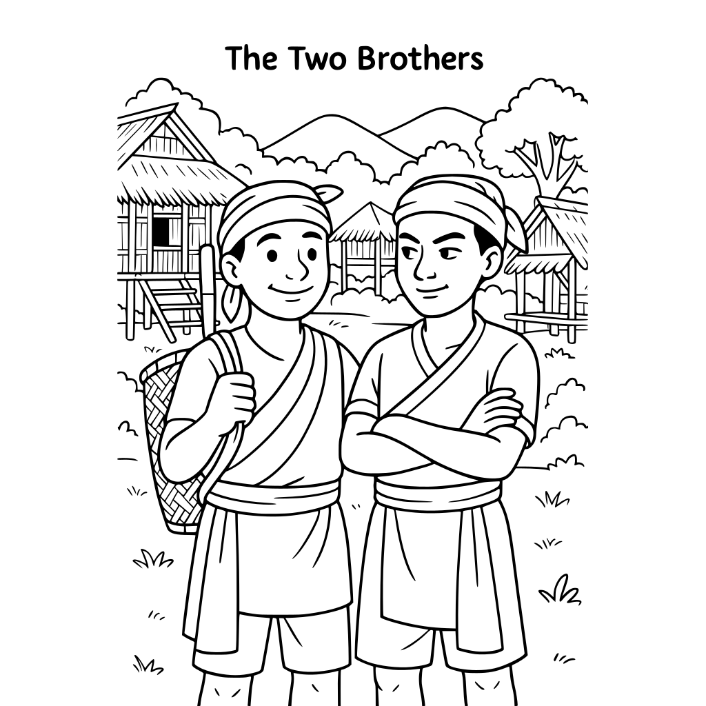 The Two Brothers Black-and-white coloring book illustration showing two Mizo bro