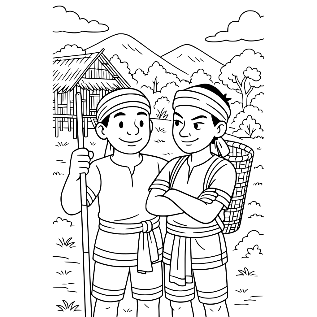 The Two Brothers Black-and-white coloring book illustration showing two Mizo bro
