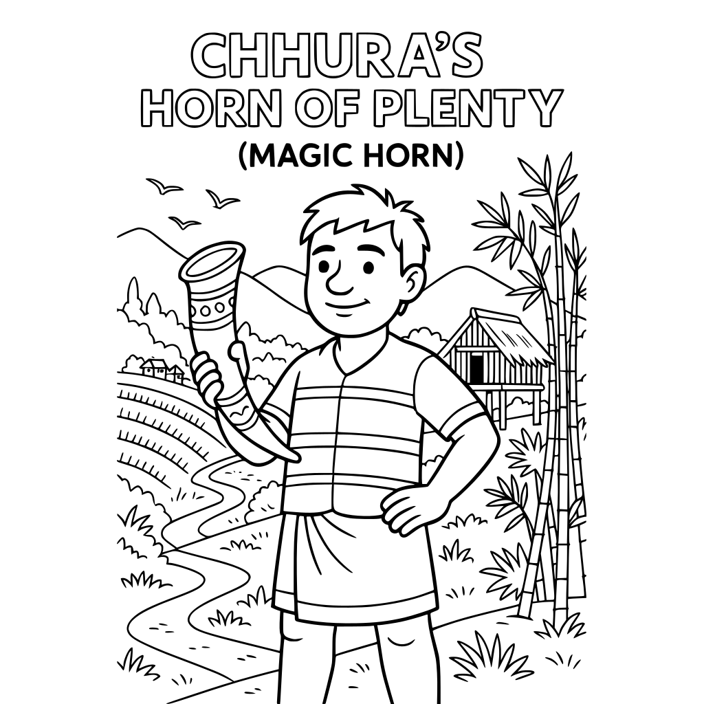 Chhura's Horn of Plenty — Coloring Book AI Prompts PAGE 1 — Cover Prompt: Black-