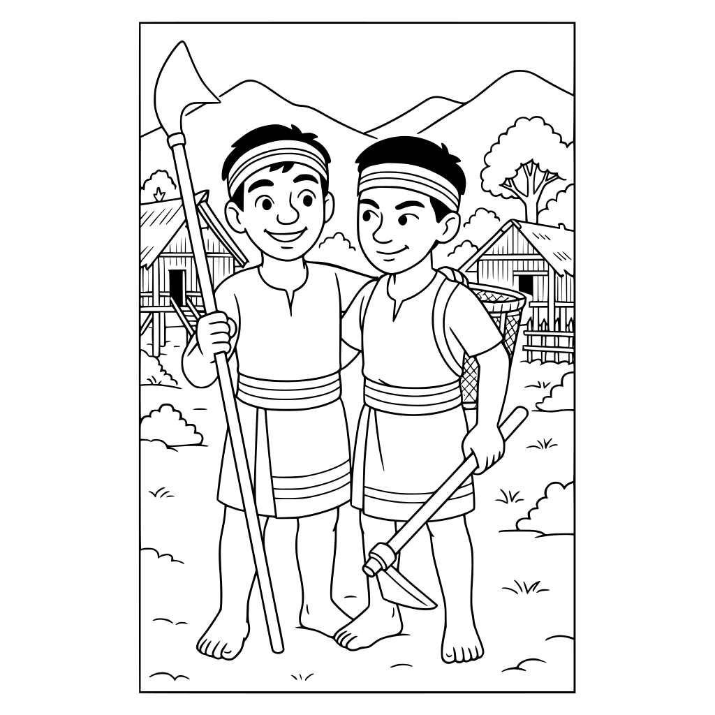 The Two Brothers Prompt: Black-and-white coloring book illustration showing two 