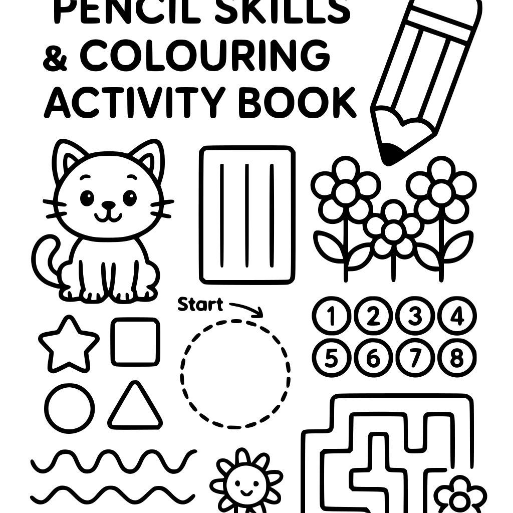 Create an ORIGINAL preschool activity and colouring book for children ages 2–5. 