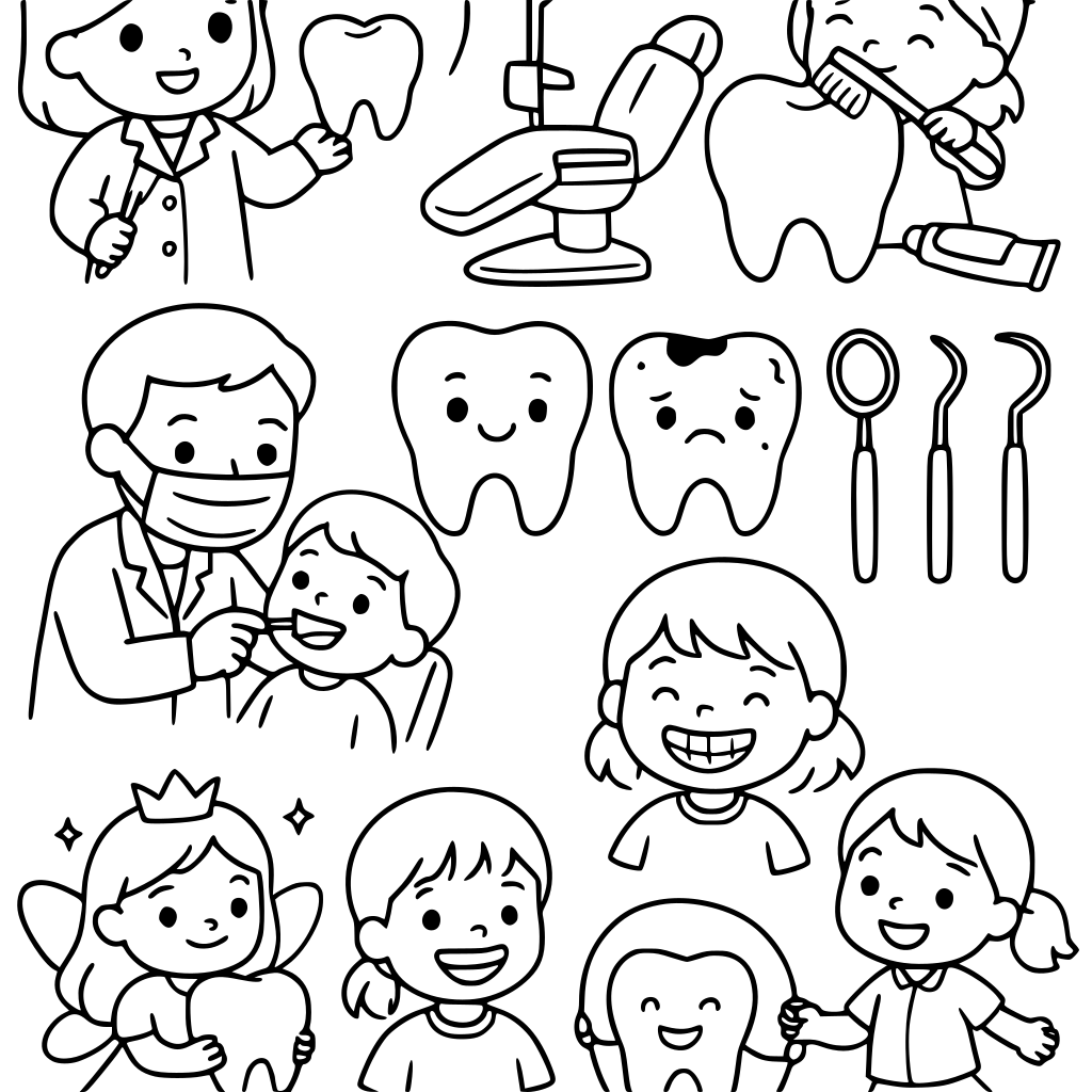 Create a children's coloring book about dentistry for kids aged 3–6. The main th