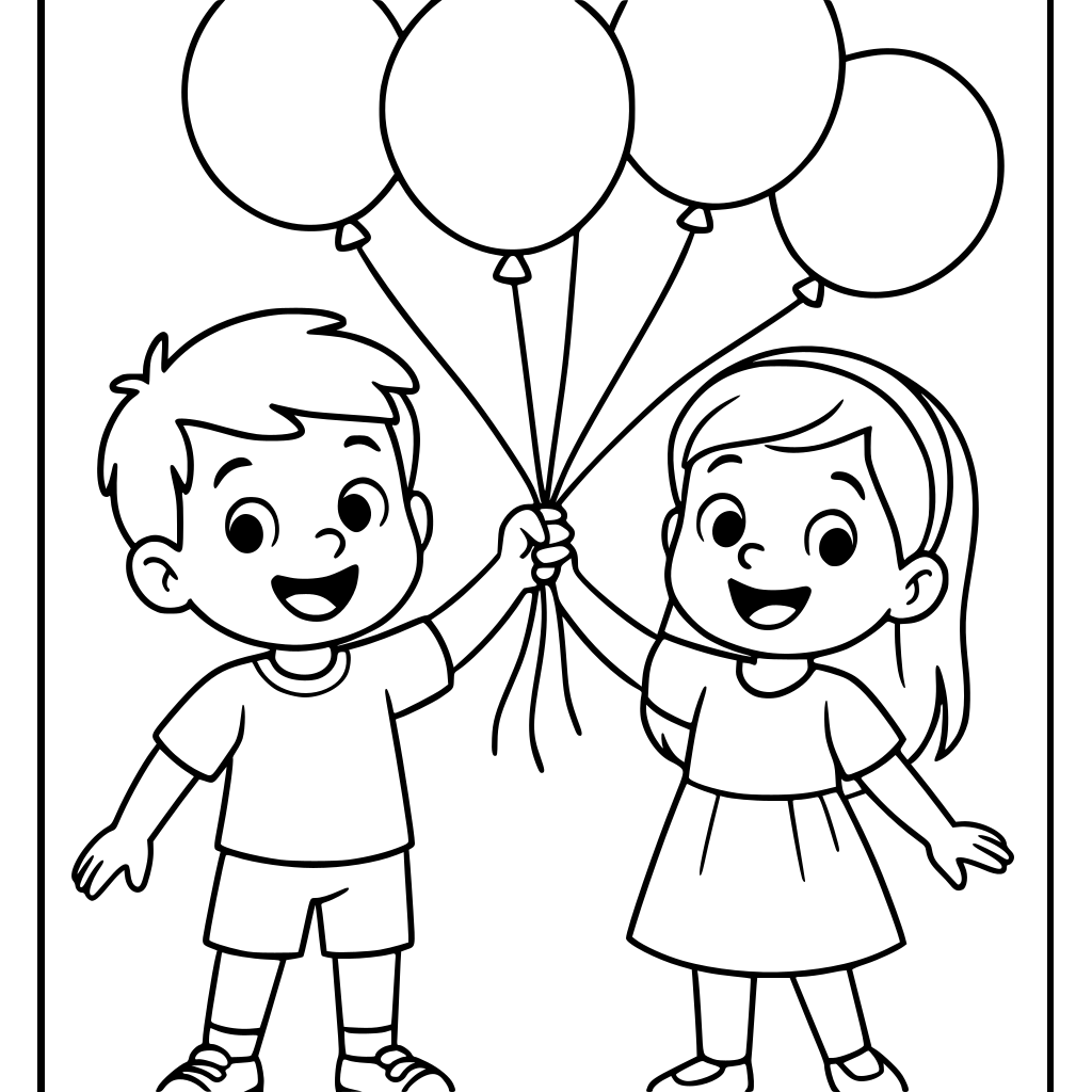 Show one boy and girl hanging total 5 balloons