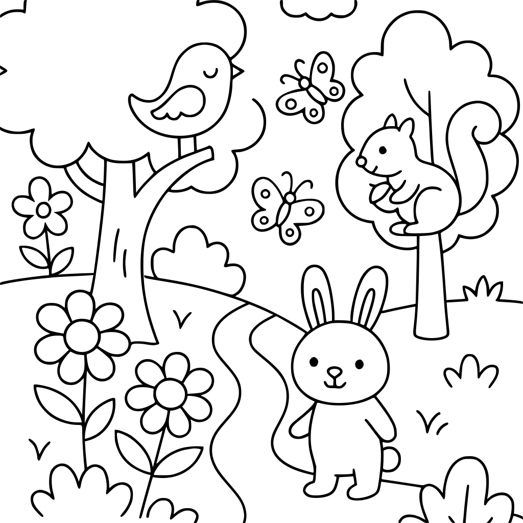 Create a children's forest nature colouring book with 30 separate pages for pres