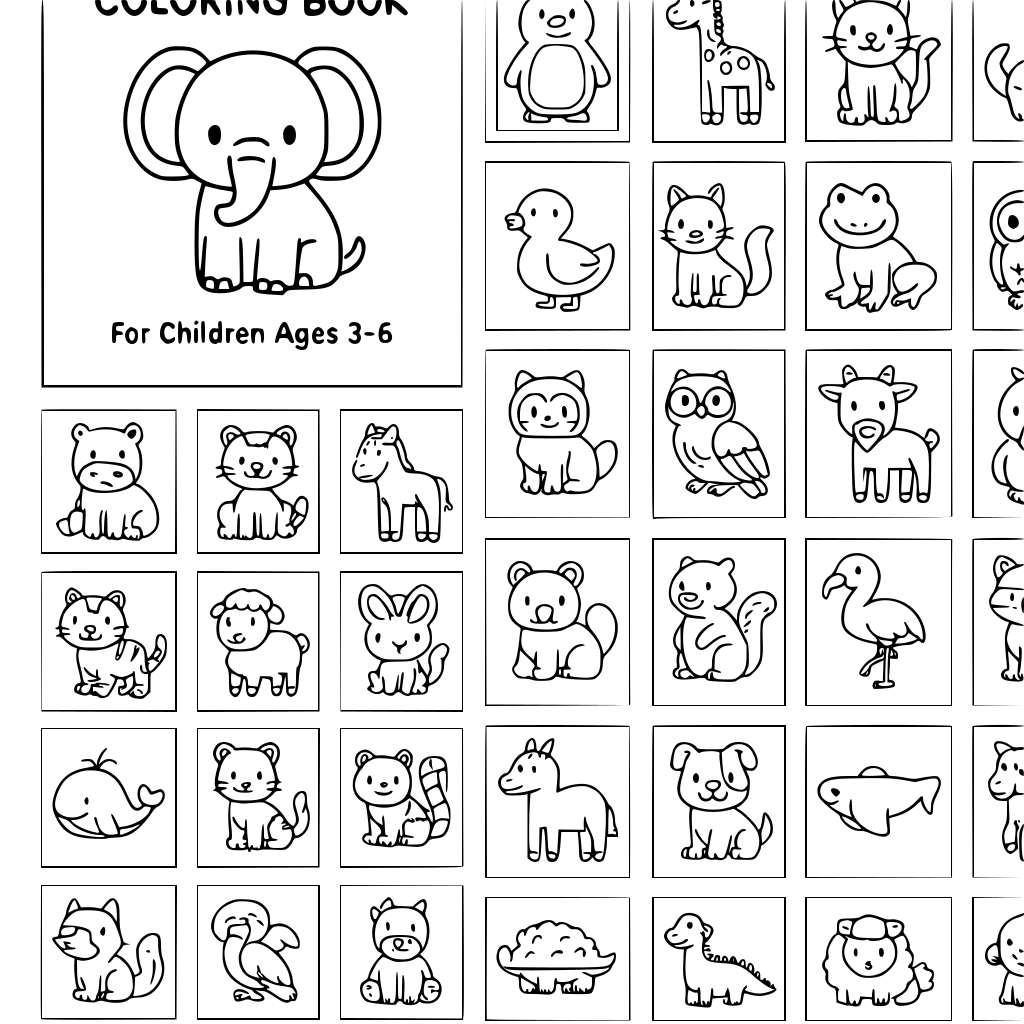 Create a 50-page animal coloring book for children ages 3–6. One animal per page