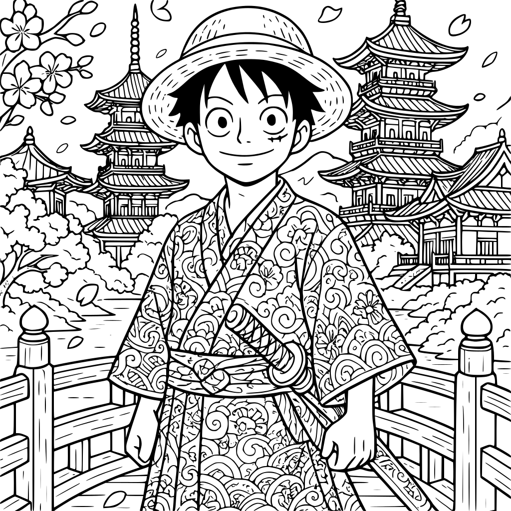 A coloring book page showing a young pirate captain wearing a straw hat, a scar 