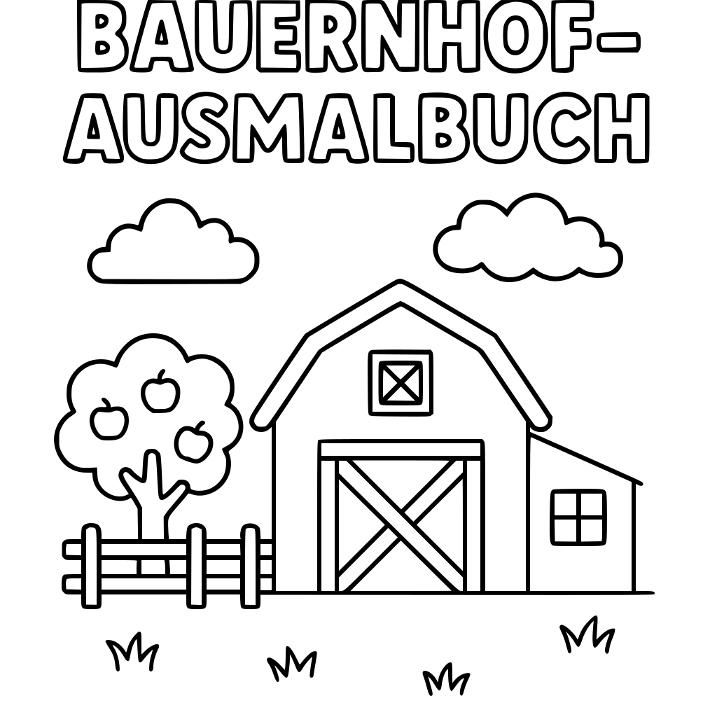 Erstelle ein Kinder-Ausmalbuch mit 20 Seiten im einfachen Bauernhof-Stil. Schwar