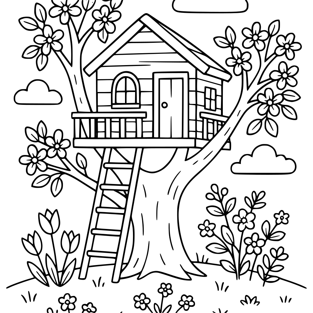 A cozy treehouse in a spring garden, printable coloring page, clean black outlin