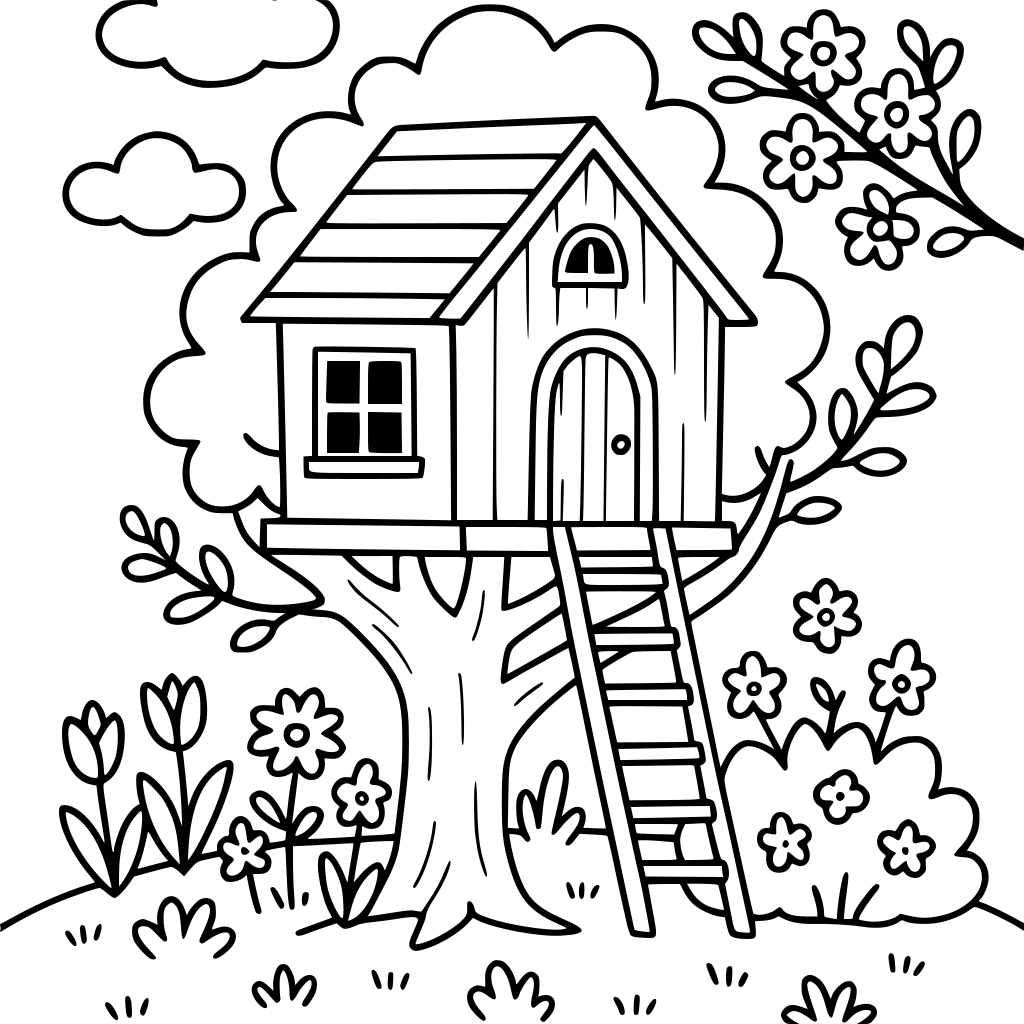 A cozy treehouse in a spring garden, printable coloring page, clean black outlin