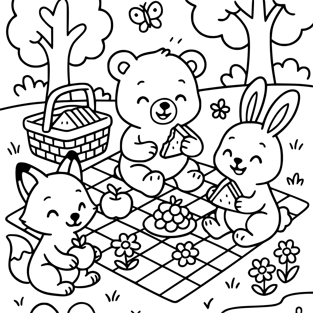 A cute baby bear having a fun picnic with two adorable woodland friends beside a