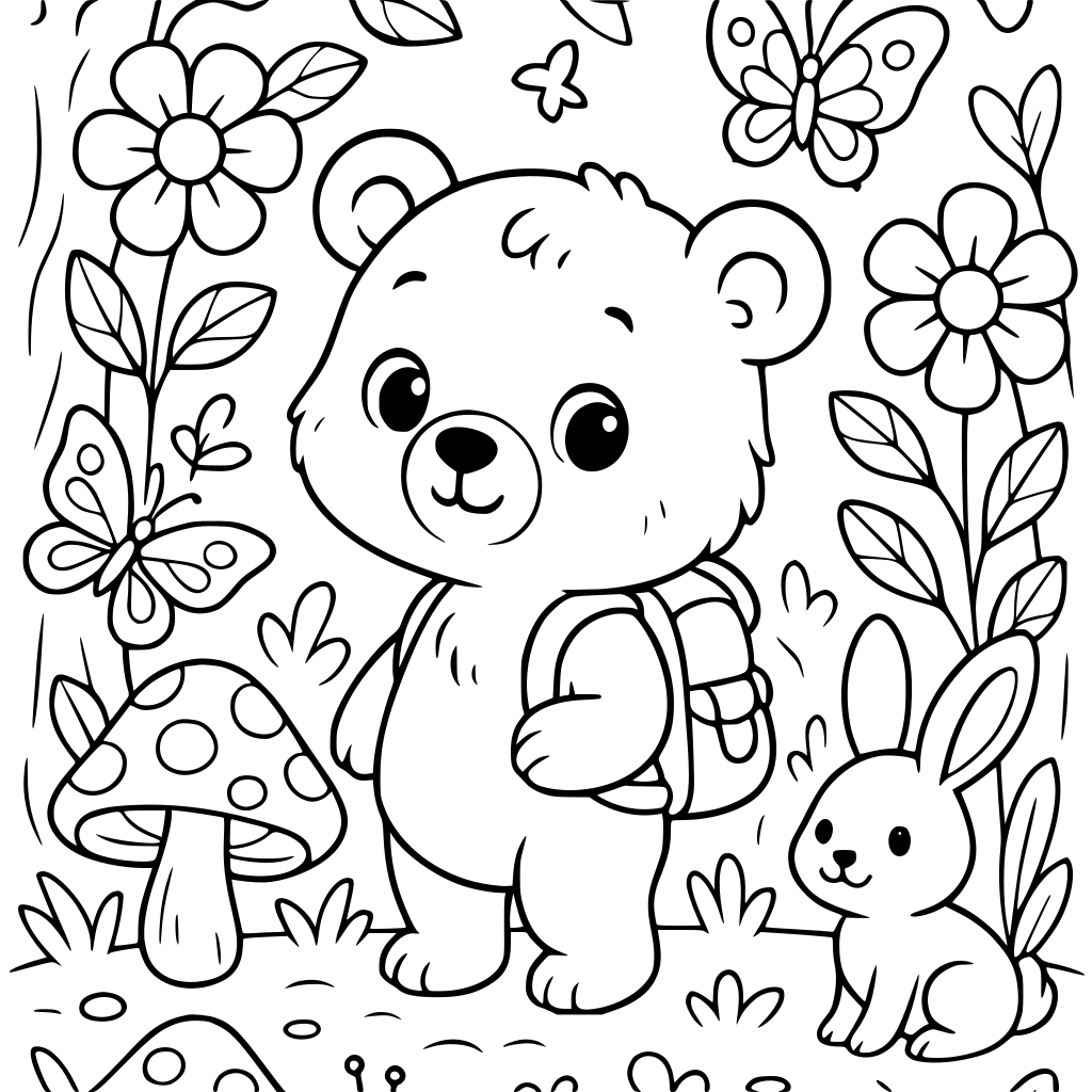 A cute adorable baby bear wearing a tiny backpack, standing in an enchanted fore