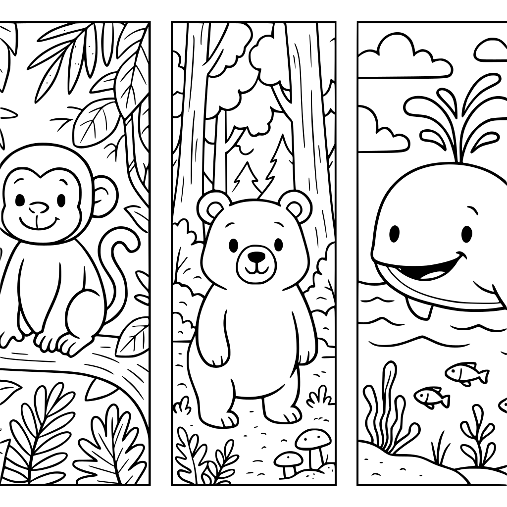 "A children's animal colouring book featuring friendly animals in three environm