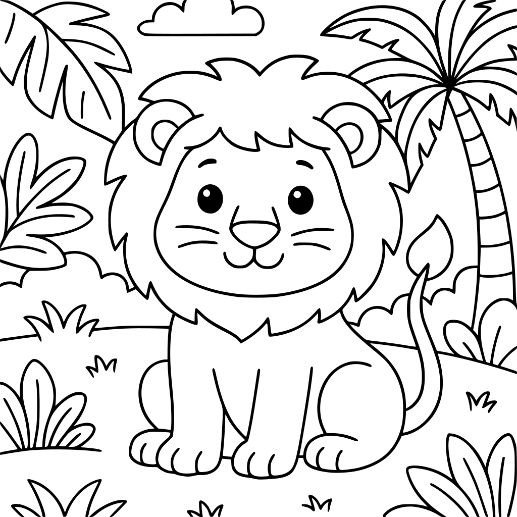 "A children's animal colouring book featuring friendly animals. Each page should