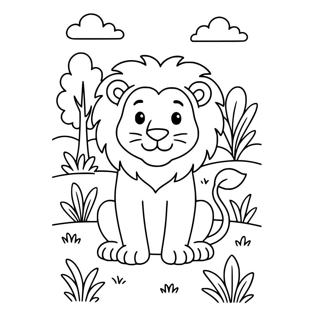 "A children's animal colouring book featuring friendly animals. Each page should