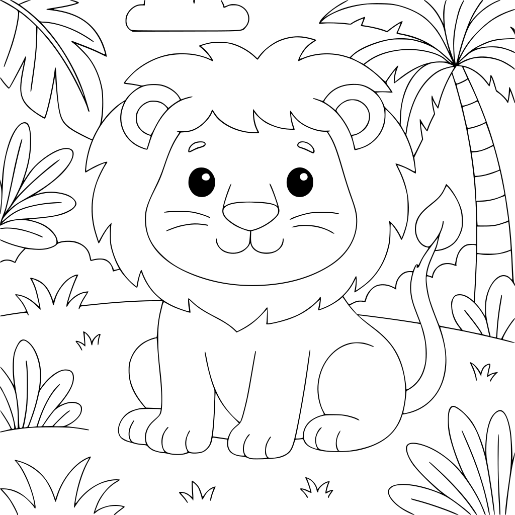 "A children's animal colouring book featuring friendly animals. Each page should