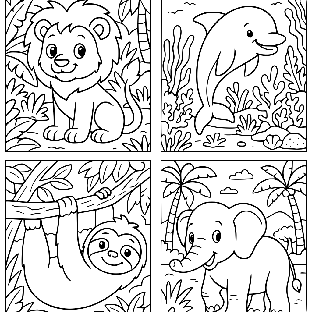 "A children's animal colouring book featuring friendly animals. Each page should