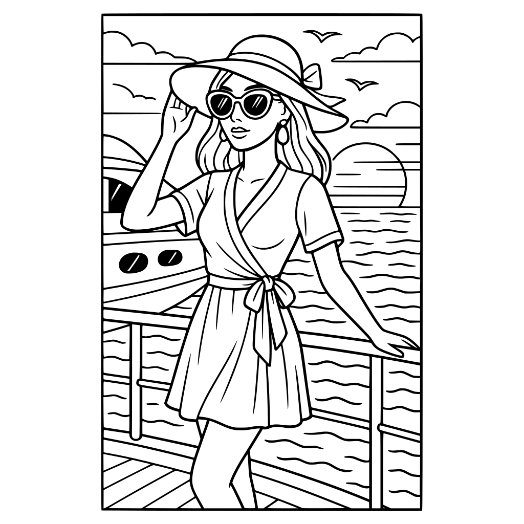 A chic girl on vacation on a yatch with a classy outfit showing the yatch and a 