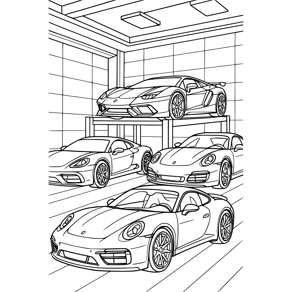A collection of high-performance sports cars in a dream garage arranged
