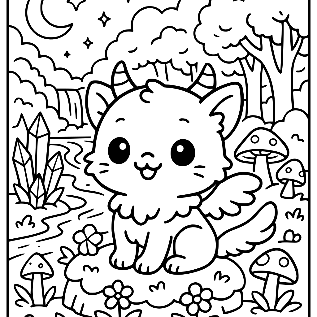 A coloring book page showing a cute, fluffy griffin that is half-kitten and half