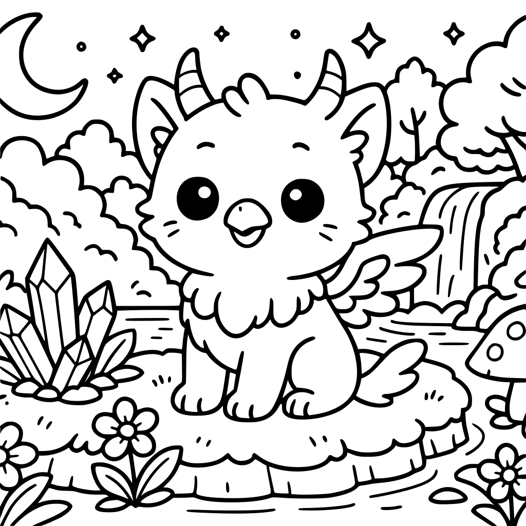 A high-quality, detailed coloring book page in a Japanese kawaii cartoon style. 