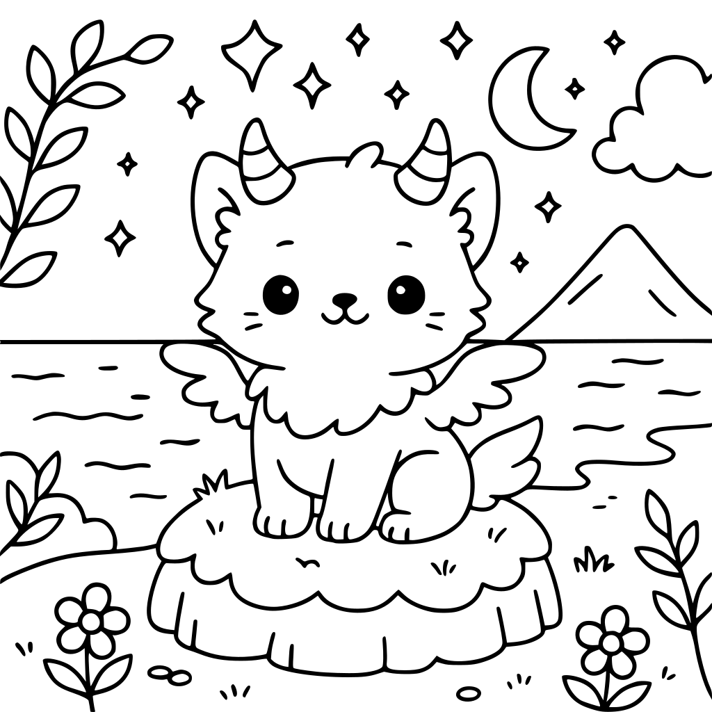 A coloring book page showing a cute, fluffy griffin that is half-kitten and half