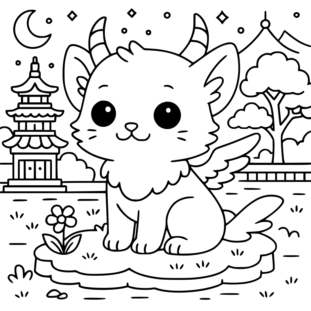 A high-quality, detailed coloring book page in a Japanese kawaii cartoon style. 