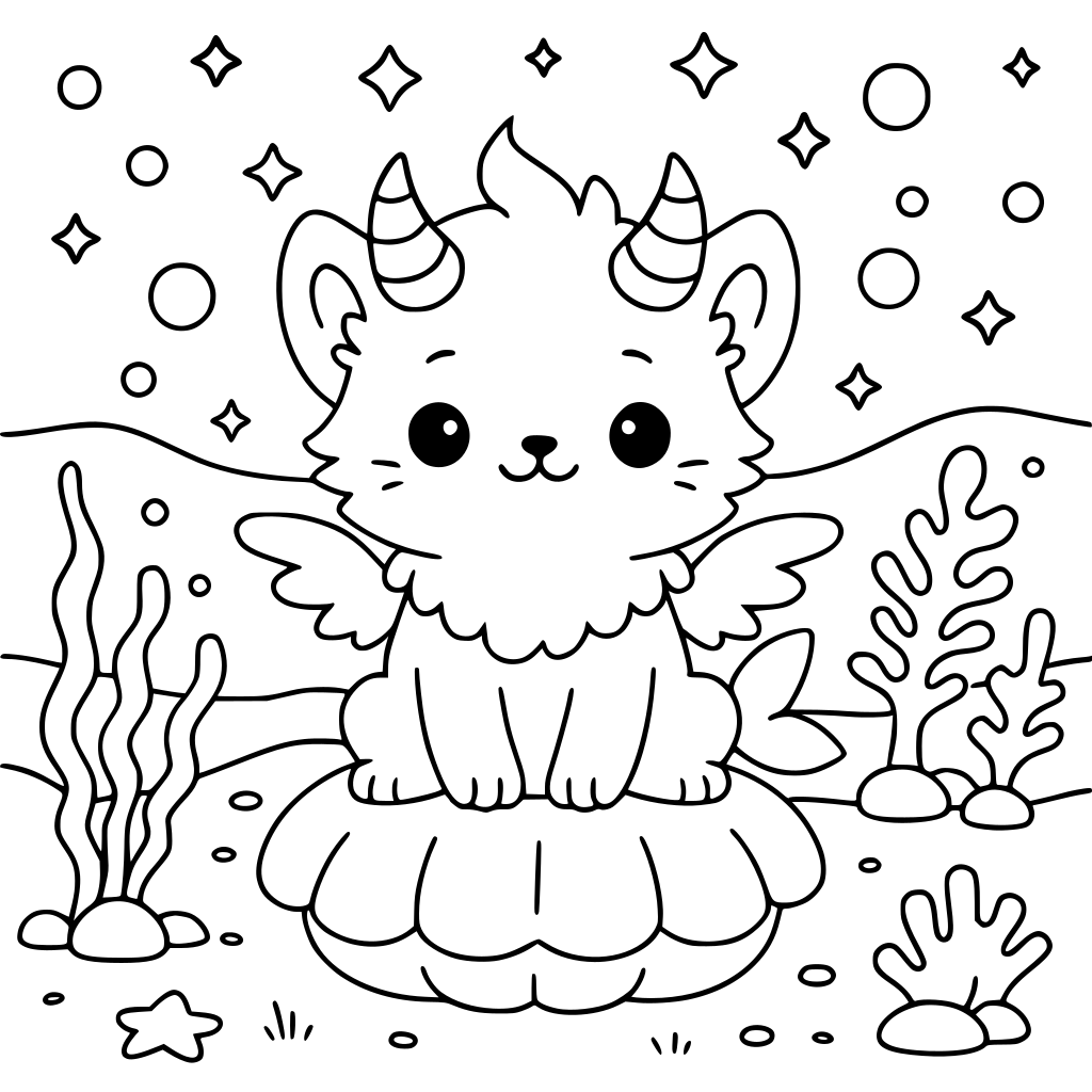 A coloring book page showing a cute, fluffy griffin that is half-kitten and half