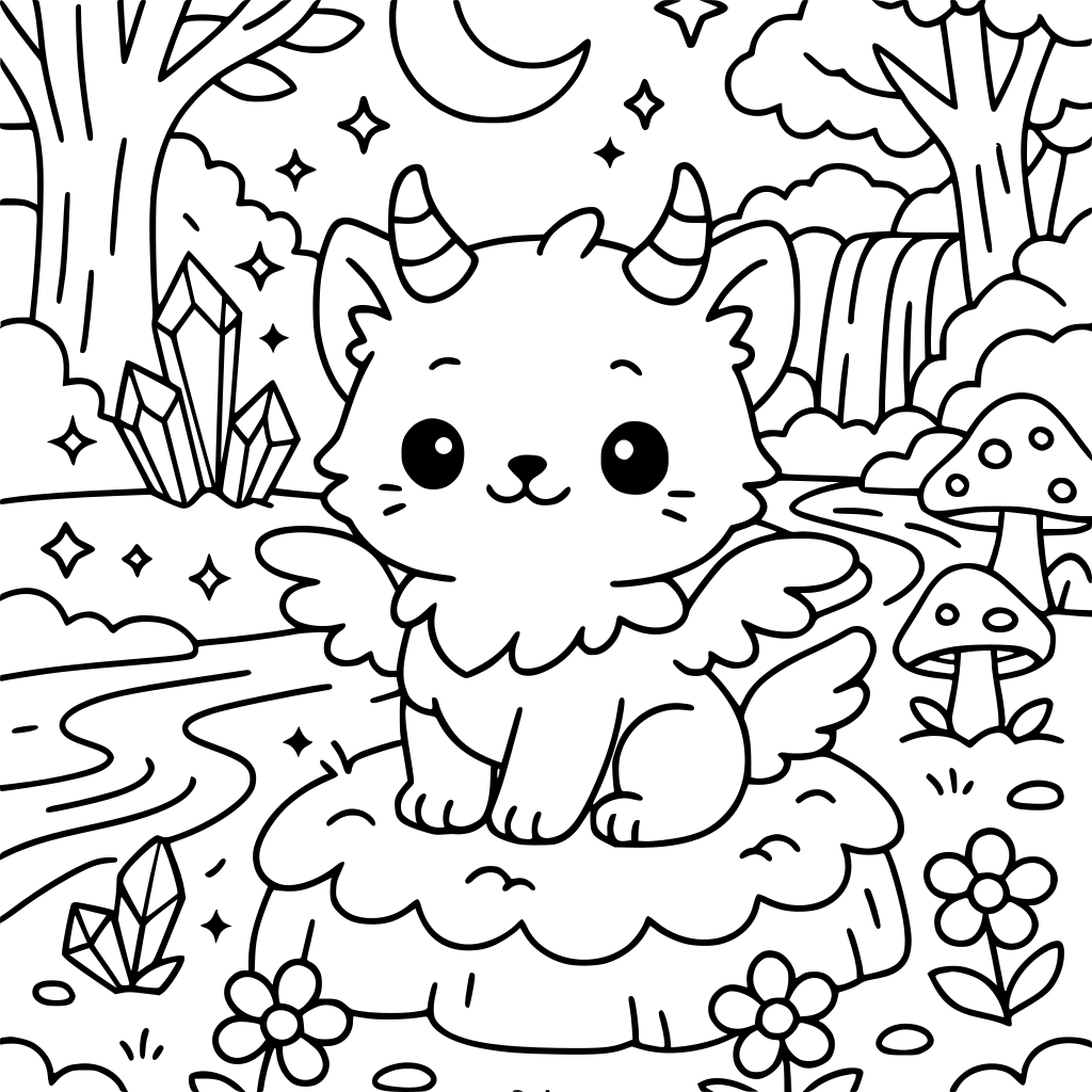 A coloring book page showing a cute, fluffy griffin that is half-kitten and half