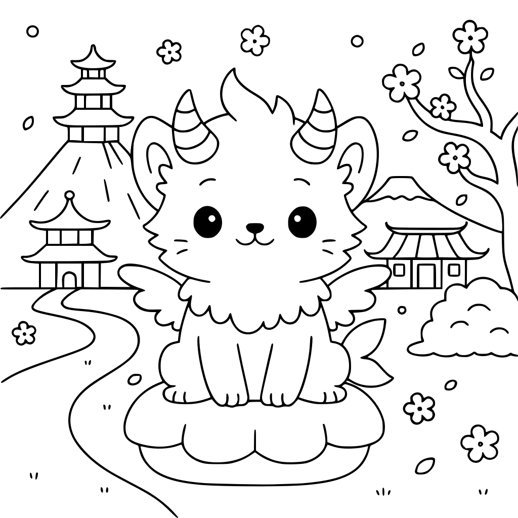 A coloring book page showing a cute, fluffy griffin that is half-kitten and half