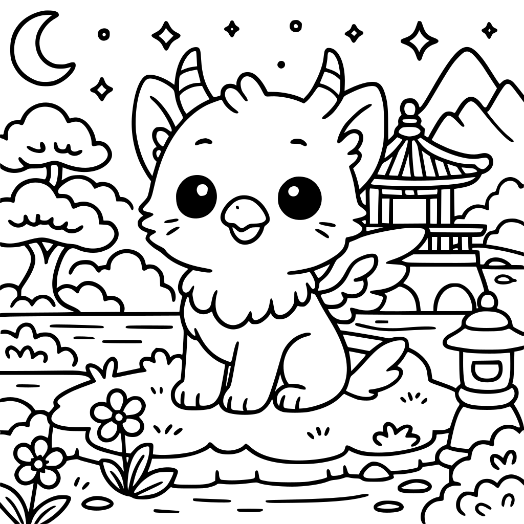 A high-quality, detailed coloring book page in a Japanese kawaii cartoon style. 