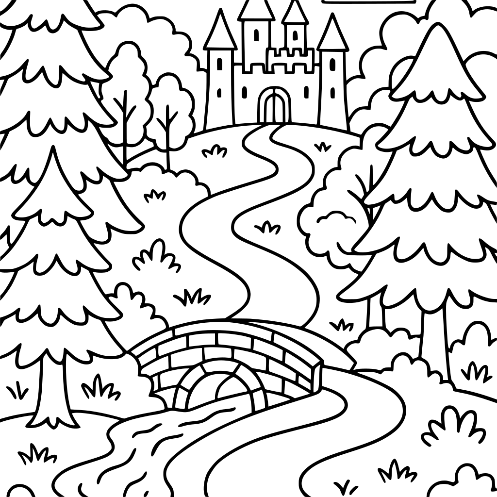 A winding trail that goes through a forest, over a bridge, and ends at a big cas