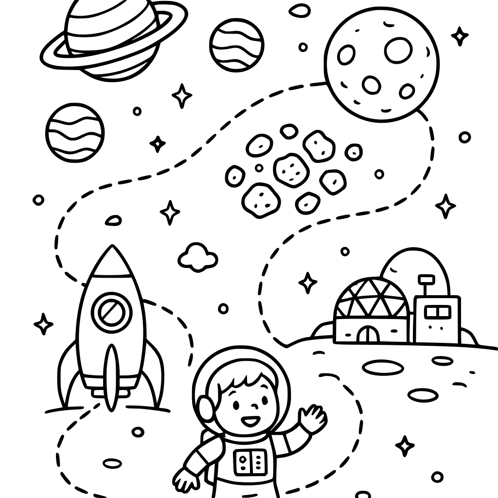 The child starts at a rocket ship on the bottom of the page. They follow a dotte