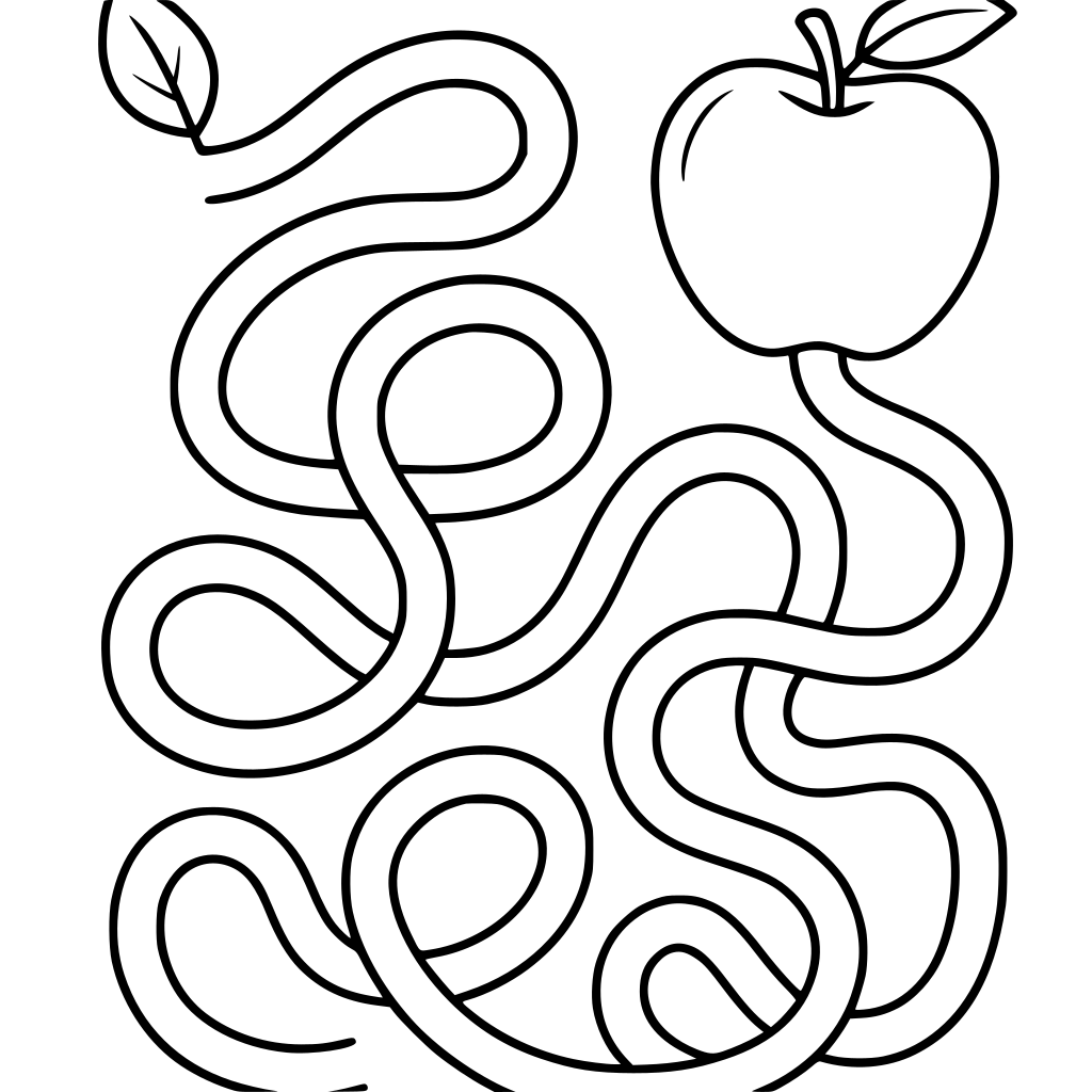 A very large, thick, wiggly line (the path) that goes from a small green leaf to