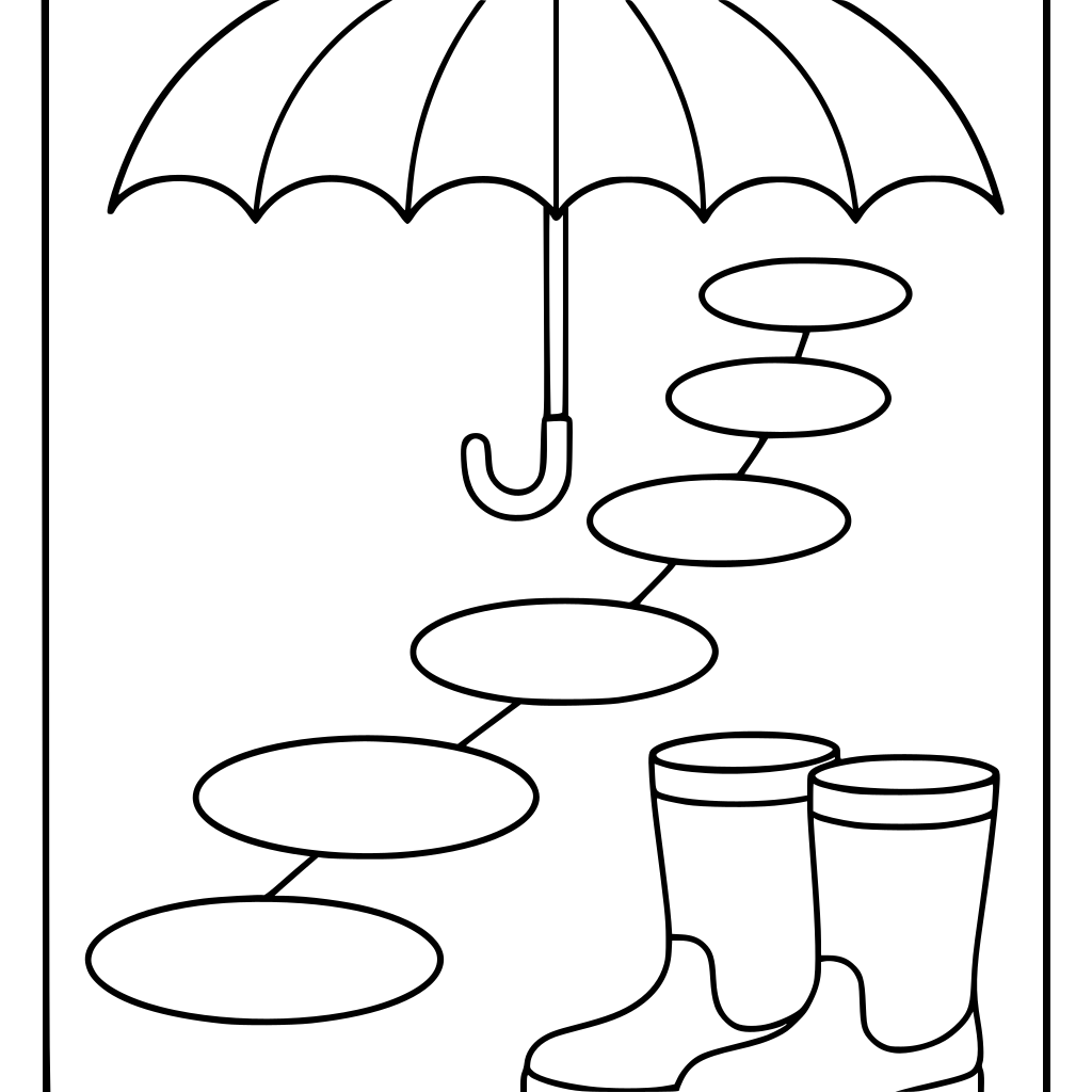 A pair of big rain boots at the bottom of the page and a large yellow umbrella a
