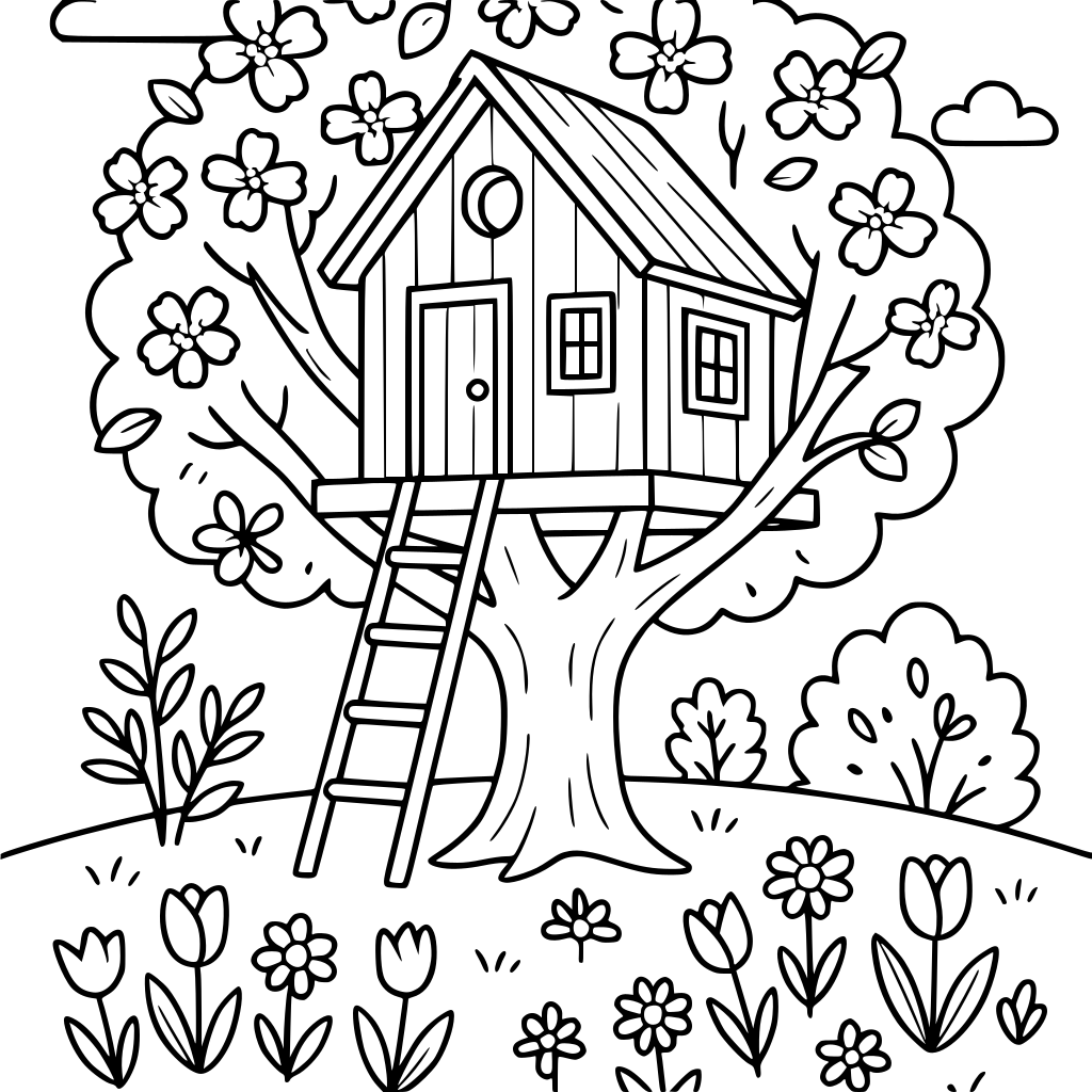 A cozy treehouse in a spring garden, printable coloring page, clean black outlin